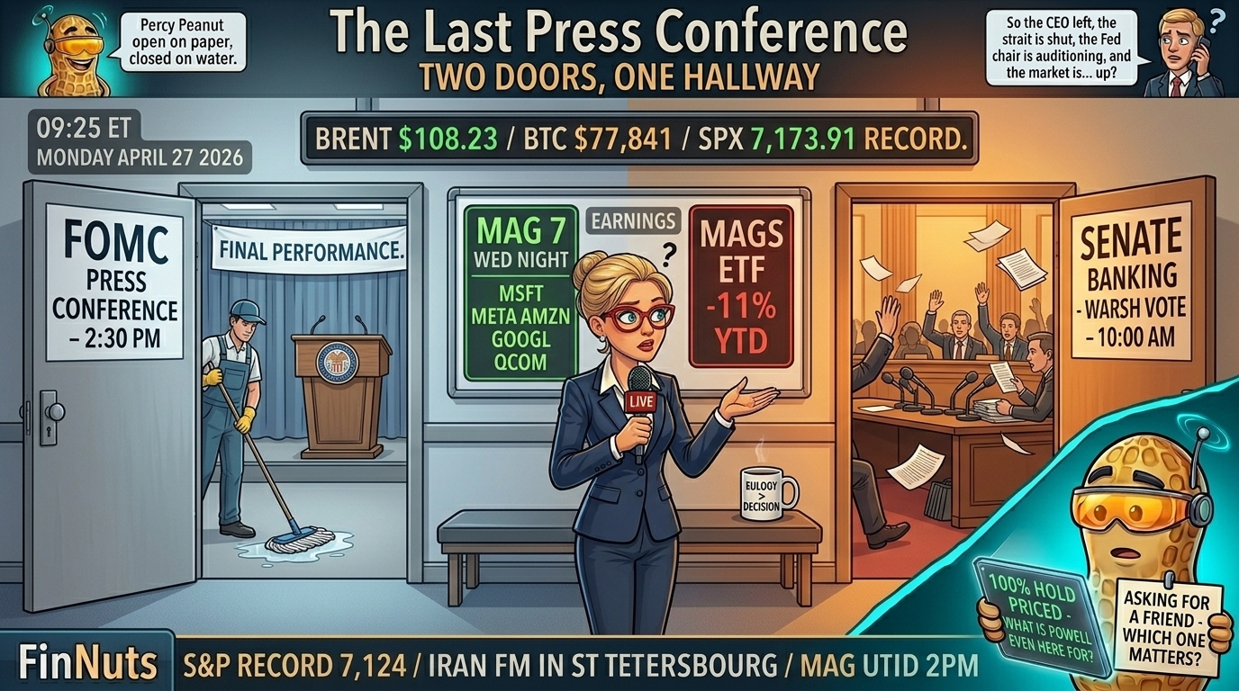 Capitol corridor: Hazel between FOMC press room door and Warsh Senate vote door; Percy holds "asking for a friend" sign.