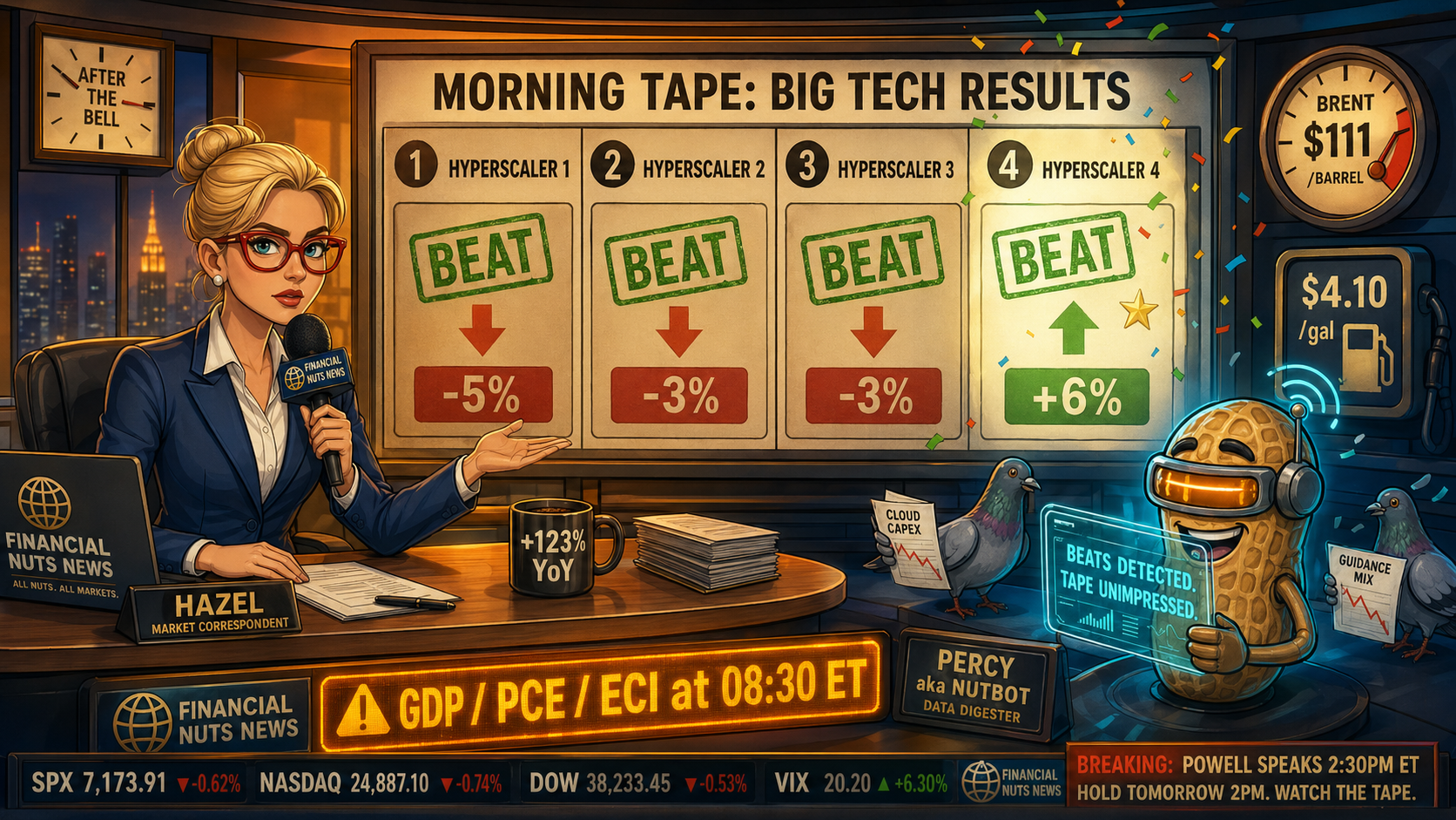 FinNuts newsroom. Scoreboard with four hyperscaler
slots, three muted, one spotlit. NutBot in corner, amber visor.
