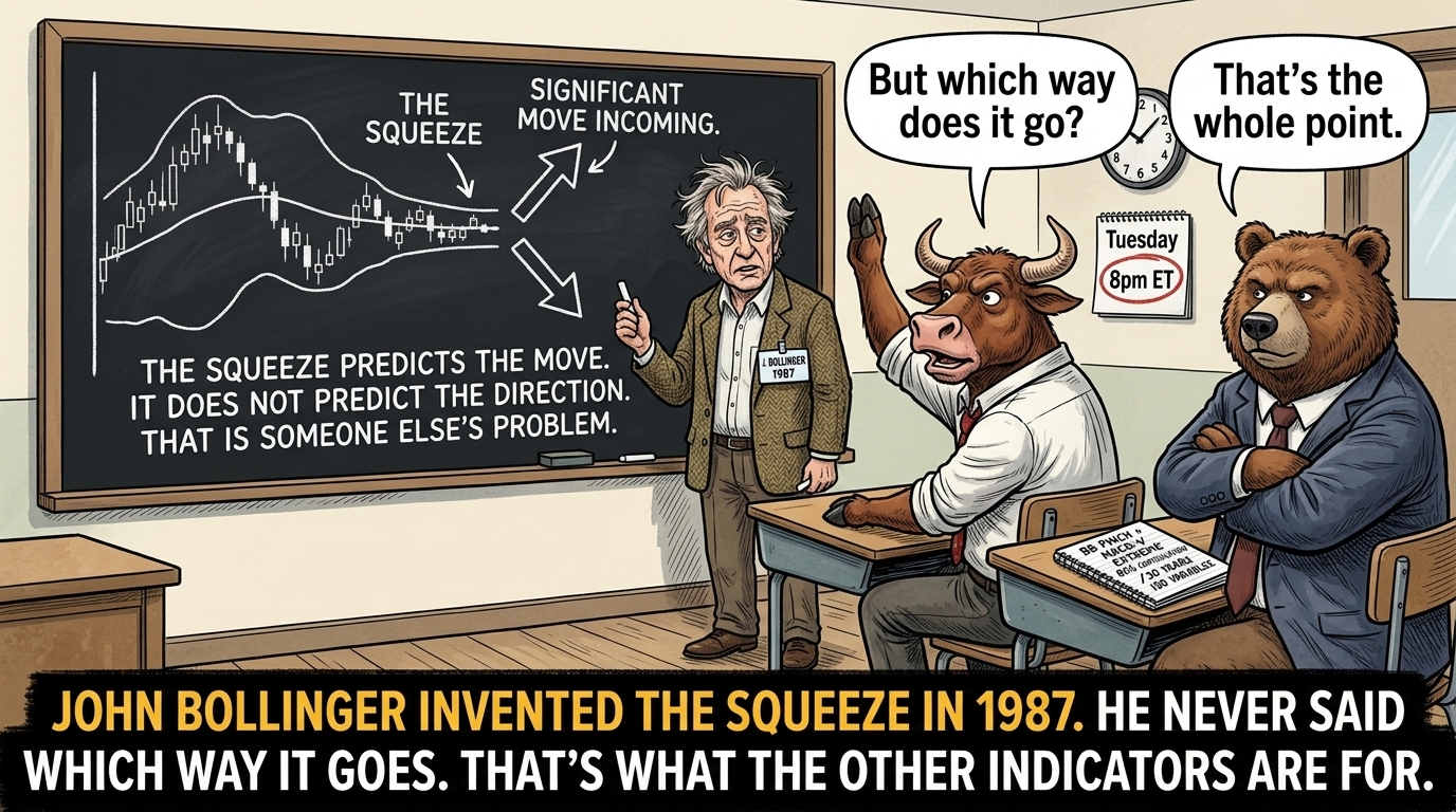 Financial Nuts Bull and Bear cartoon - same characters, same locked style
Format: Widescreen (1920x1080)
Single panel. A physics classroom setting. Chalkboard on the wall. The Bull and Bear are both sitting at school desks facing the front. Neither is on a trading desk. Neither has a cigar or cold coffee. They are students today.
At the front of the class: a large chalkboard with a diagram drawn on it. The diagram shows a Bollinger Band chart - upper and lower bands clearly visible, compressing toward a flat moving average in the middle. The compression point is labelled "THE SQUEEZE" with an arrow. To the right of the compression: two arrows, one pointing sharply up, one pointing sharply down. Both are the same size. Neither is highlighted. The label above both arrows reads: "SIGNIFICANT MOVE INCOMING."
Below the diagram, written in chalk: "THE SQUEEZE PREDICTS THE MOVE. IT DOES NOT PREDICT THE DIRECTION. THAT IS SOMEONE ELSE'S PROBLEM."
Standing at the board: a cartoon John Bollinger - professorial, slightly dishevelled, chalk in hand, looking at the class with the expression of a man who has explained this many times and is about to explain it once more. His name tag reads "J. BOLLINGER / 1987."
The Bull is in the front row, hand raised, leaning forward. Speech bubble: "But which way does it go?"
The Bear is in the back row, arms folded, expression of quiet vindication. He already knows the answer. Speech bubble: "That's the whole point."
On the Bear's desk: a notebook open to a page that reads "BB PINCH + MACD-V EXTREME = 84% CONTINUATION / 30 YEARS / 150 VARIABLES." He did not write this in class. He brought it from somewhere else.
A clock on the wall: Tuesday 8pm ET is circled on a small calendar beneath it. Even here.
Bottom caption (full width, bold, same style as all meme captions):
"JOHN BOLLINGER INVENTED THE SQUEEZE IN 1987. HE NEVER SAID WHICH WAY IT GOES. THAT'S WHAT THE OTHER INDICATORS ARE FOR."