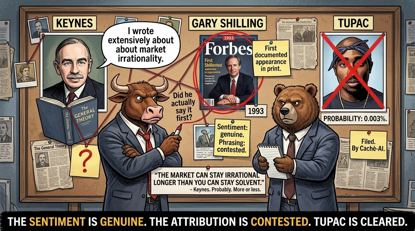 Single panel. A detective's investigation board fills most of the frame - the kind with photos, newspaper clippings, and red string connecting everything. The Bull and Bear are both standing in front of the board, arms folded, looking at it. Neither is on a desk. Neither has a cigar lit or a cold coffee. They are both just looking at the board with the expression of two people who have gone down a rabbit hole they did not expect.