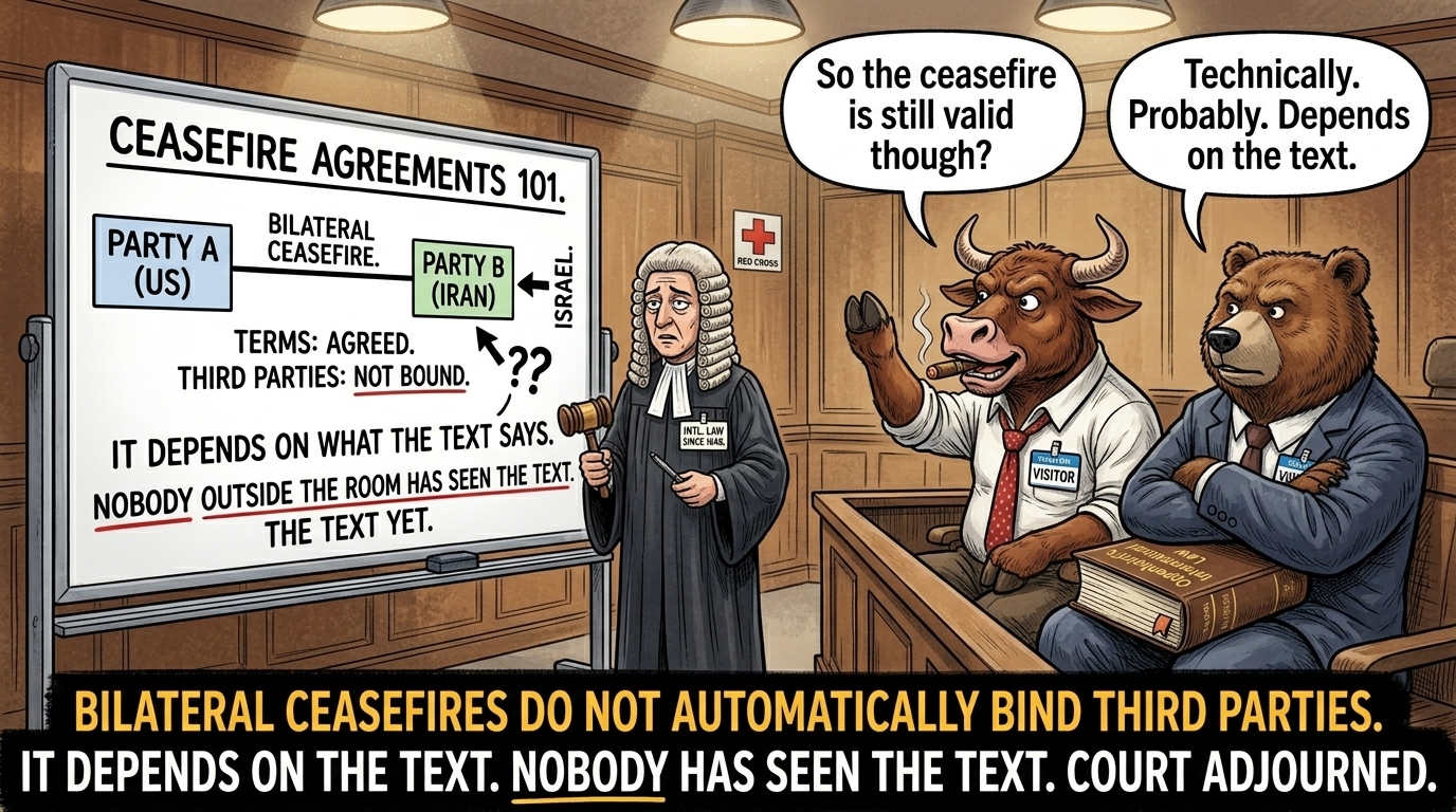 Single panel. A courtroom setting. Wood-panelled walls, high bench at the front, the full theatre of international law. The Bull and Bear are sitting in the public gallery, side by side, both wearing small visitor badges. 