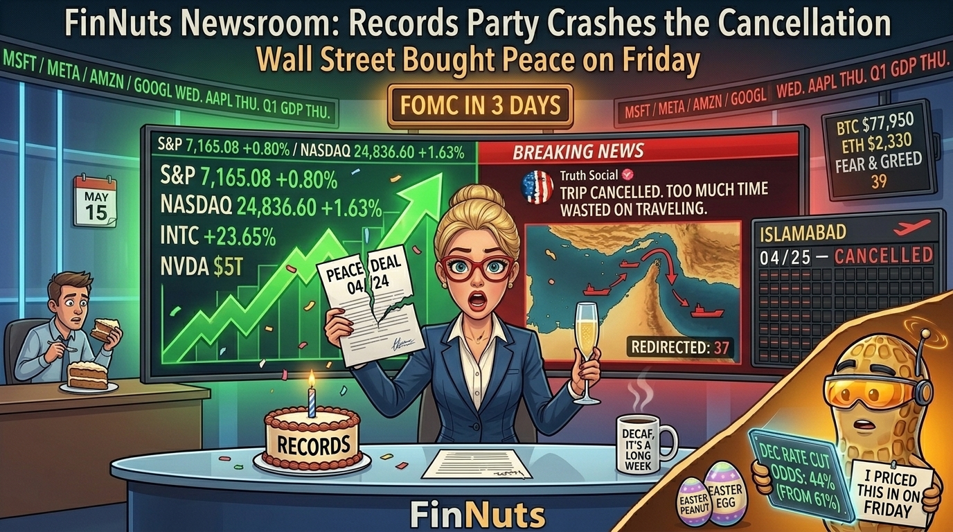 FinNuts newsroom split-screen: green Friday-records celebration on the left, red Iran-trip-cancelled and Hormuz-redirection feed on the right.