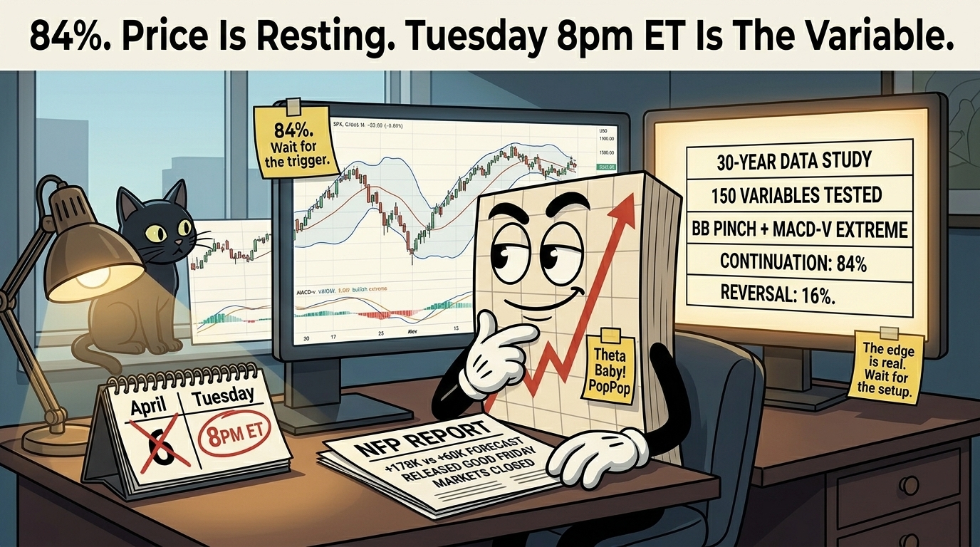 Mr SPX at desk in studied patience posture with SPX chart showing visible BB pinch and MACD-v bullish extreme on left monitor and 30-year data study showing 84% continuation on right monitor with sticky notes reading 84% wait for the trigger and the edge is real wait for the setup, April 6 crossed out calendar with Tuesday 8pm ET circled, NFP plus 178K report sitting on desk released into closed market, black cat watching BB pinch on monitor with no view formed.