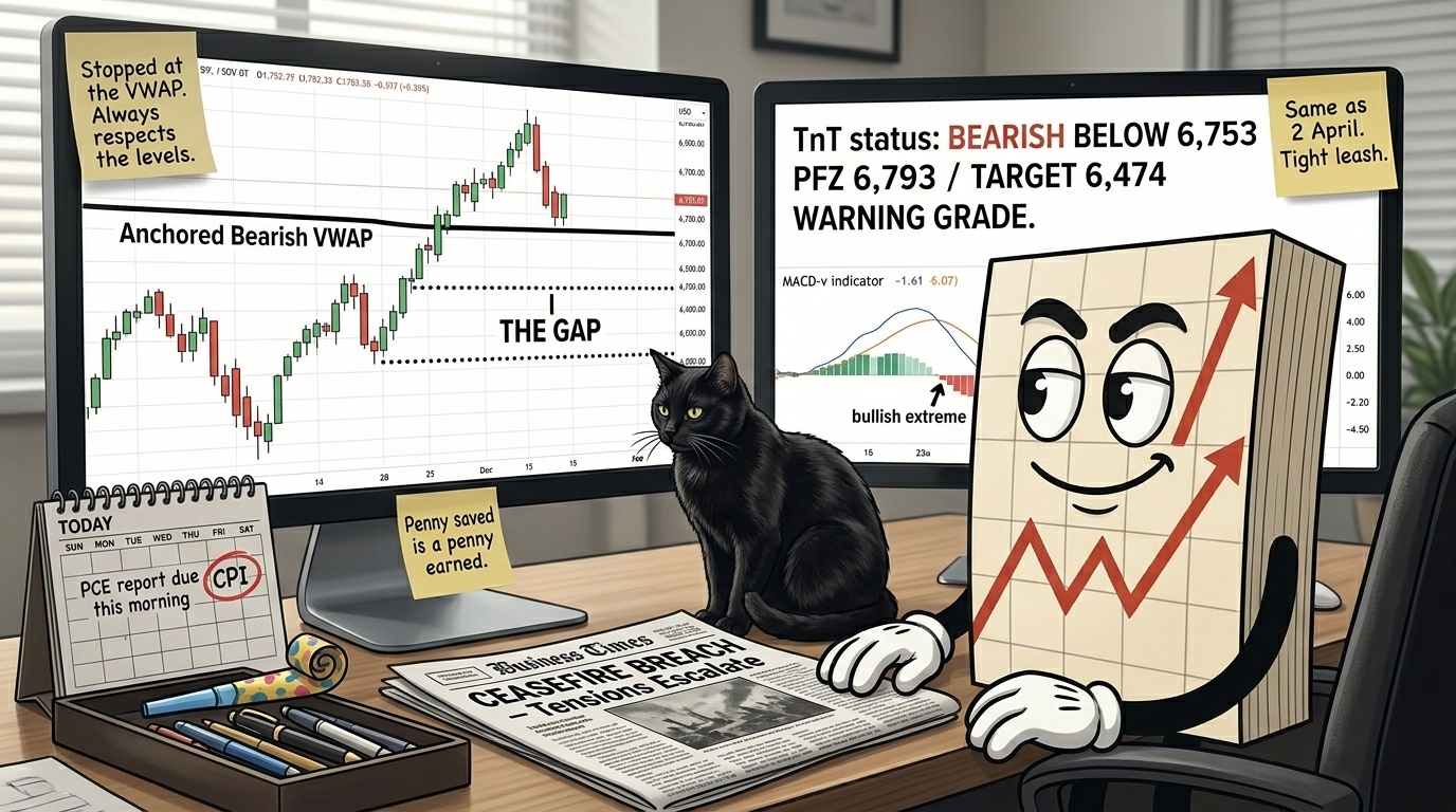 Mr SPX at desk in alert measured posture with SPX chart showing rally stopping exactly at anchored bearish VWAP and THE GAP marked below with dotted line and sticky note on left monitor, new bearish TnT warning grade with MACD-v at bullish extreme same as 2 April sticky on right monitor, party horn from yesterday in pen tray, ceasefire breach newspaper, penny saved sticky, PCE and CPI calendar, black cat looking at the gap.