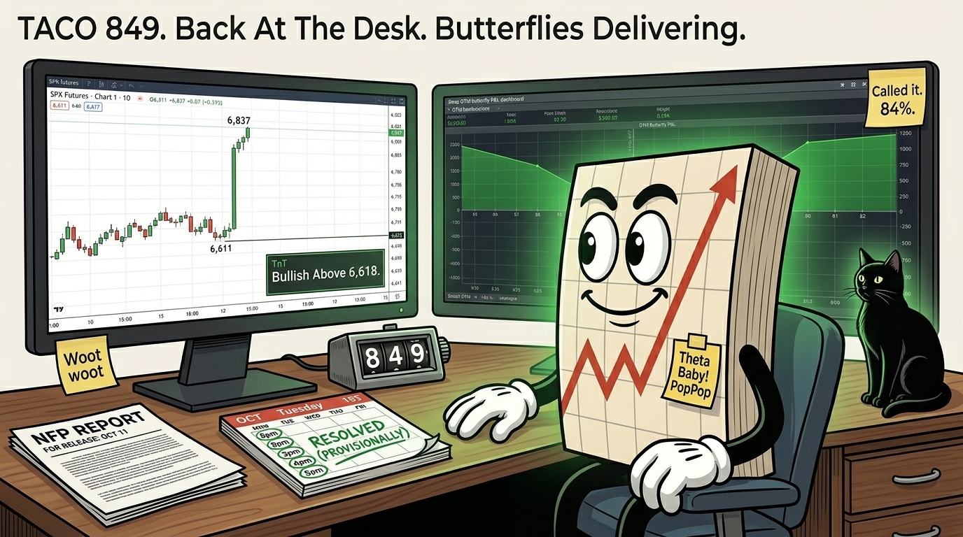 Mr SPX at desk in energised satisfaction posture with SPX futures showing vertical overnight move from 6,611 to 6,837 with Woot woot sticky note on left monitor, deep OTM butterfly P&L significantly green with Called it 84% sticky note on right monitor, TACO counter at 849, Tuesday 8pm ET calendar marked RESOLVED PROVISIONALLY in green pen, black cat sitting up straight looking at the screen for the first time.
