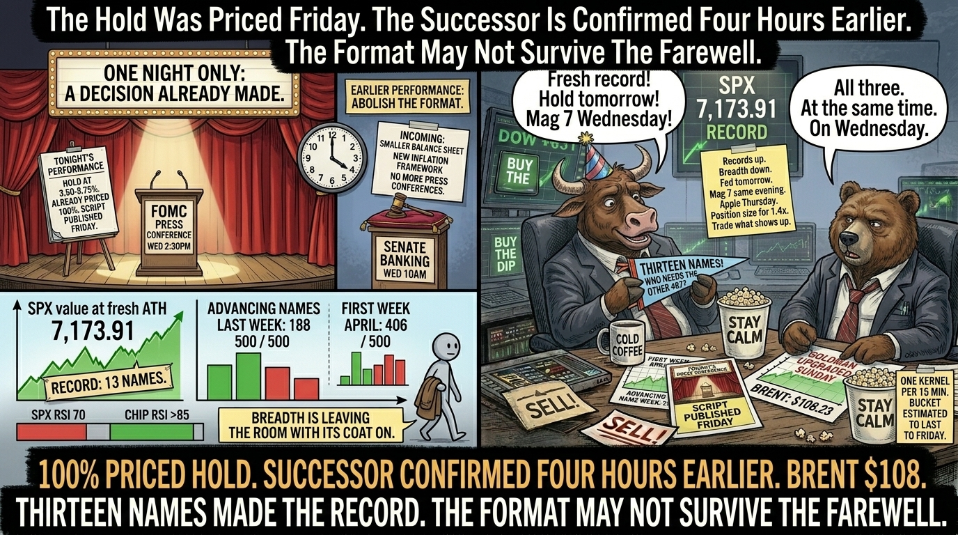 Two-panel comic. Left panel shows an empty theatre stage with FOMC podium and a side stage with just a gavel, plus a chart showing the SPX record made by 13 names with breadth walking out of frame. Right panel Bull on desk with thirteen-names banner saying Fresh record while Bear in chair points at three printouts simultaneously saying All three. At the same time. On Wednesday.