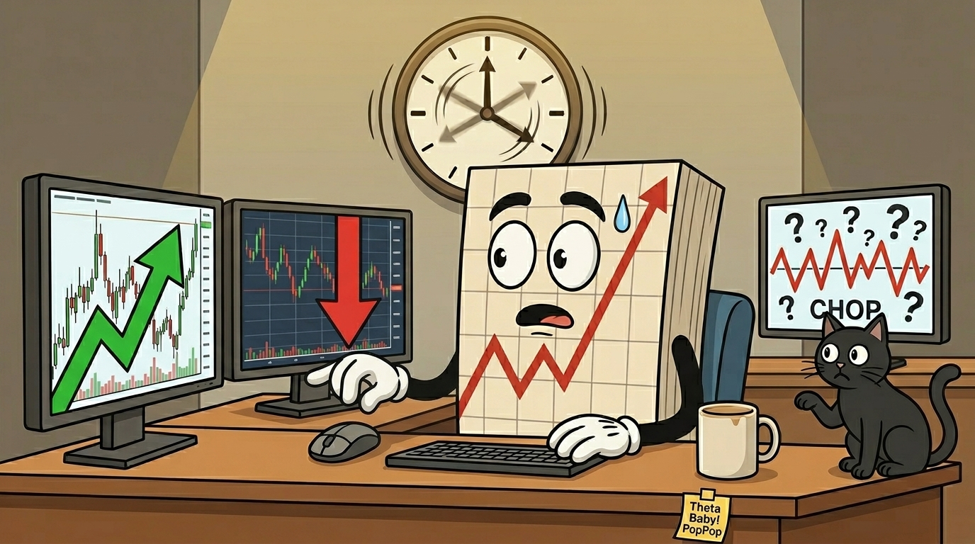 Mr SPX sat at his desk, frozen mid-click, index finger hovering over the mouse, eyes wide, sweat bead on his brow. Three chart monitors in front of him showing conflicting signals, one chart with a big green up-arrow, another with a big red down-arrow, the third showing sideways chop with question marks floating above it. A large round wall clock behind him with the hour and minute hands spinning in a blur, motion lines visible. A mug of coffee on the desk with steam long gone and a thin skin on top. His red chart line post-it note sits forgotten at the edge of the desk. A black cat sits on the far corner of the desk, staring at Mr SPX with an expression of genuine concern, one paw half-raised. Office setting, warm lighting, comedic tension in the pose. Composition should frame Mr SPX centrally with the clock visible behind him.