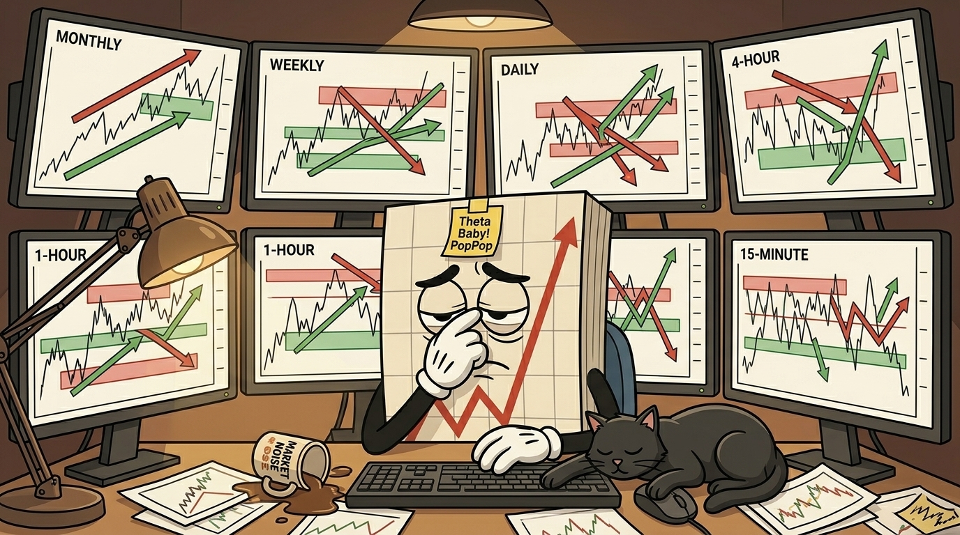 Mr SPX sat at his trading desk, absolutely buried in monitors. Eight screens arranged in a chaotic wall around him, each showing a different timeframe chart (monthly, weekly, daily, 4-hour, 1-hour, 15-minute labels visible) with conflicting arrows pointing in opposite directions, red and green boxes stacked on every chart, squiggly price lines going everywhere. Mr SPX looks utterly knackered, pinching the bridge of his nose with one hand, eyes closed, expression of weary defeat. His red chart line post-it note is stuck to his forehead like he's given up trying to hold it. Coffee cup spilled on the desk. Papers scattered. A black cat lies asleep across the keyboard, completely unbothered by any of it. Office setting, warm lighting, slight sitcom energy. Composition should work at thumbnail size with Mr SPX centred. Flat cartoon illustration style, not photorealistic.