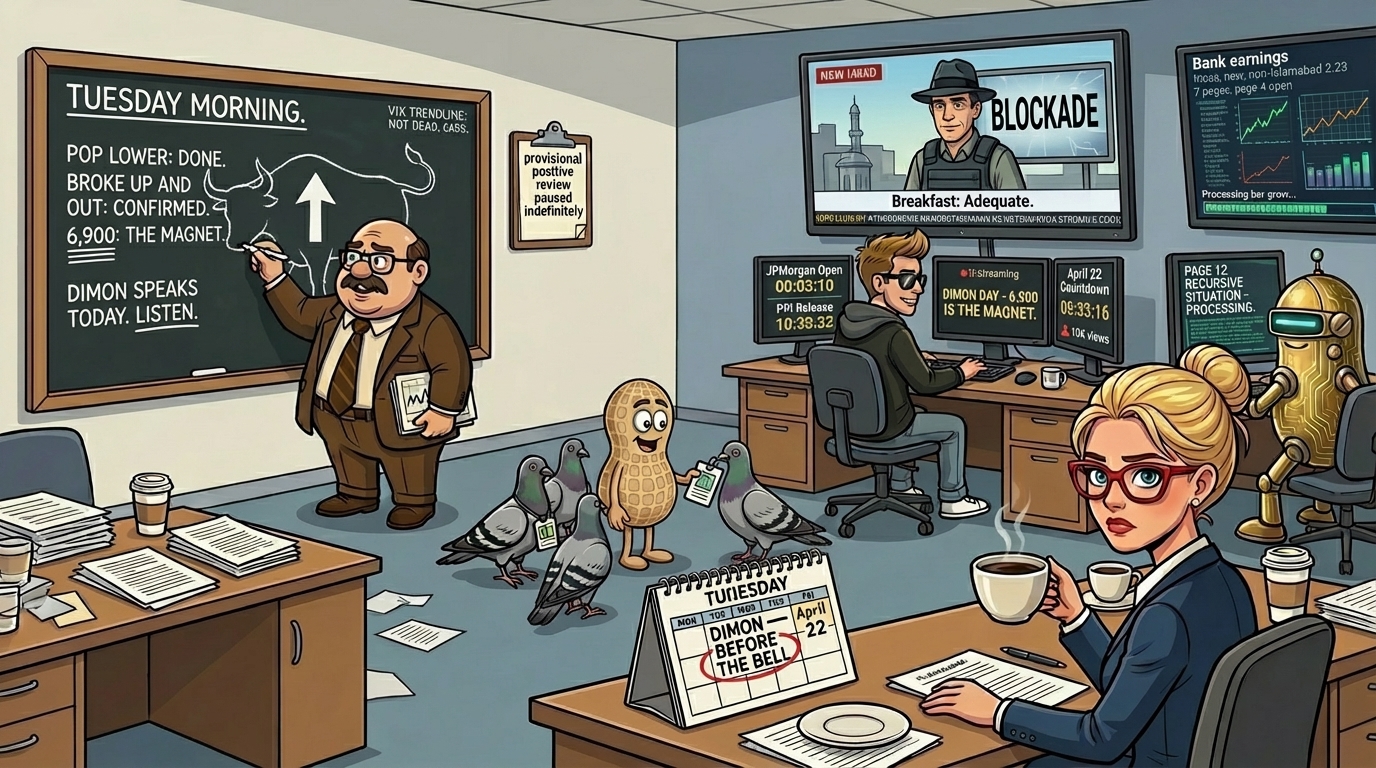 Financial Nuts newsroom Tuesday bank earnings day — Hazel with DIMON BEFORE THE BELL double-circled and April 22 in different pen with double espresso on day 45, Wallie with question mark removed from bull replaced with arrow and POP LOWER DONE and 6,900 THE MAGNET three instant underlines and DIMON SPEAKS LISTEN one underline in order of importance, Kash standing since Monday close with three timers keeping them and DIMON DAY 6,900 IS THE MAGNET, Mac on monitor from non-Islamabad location with adequate breakfast downgrade and no elaboration, Cachè-AI processing page 12 recursion, Percy with day 45 earnings neutrality record received with composure.