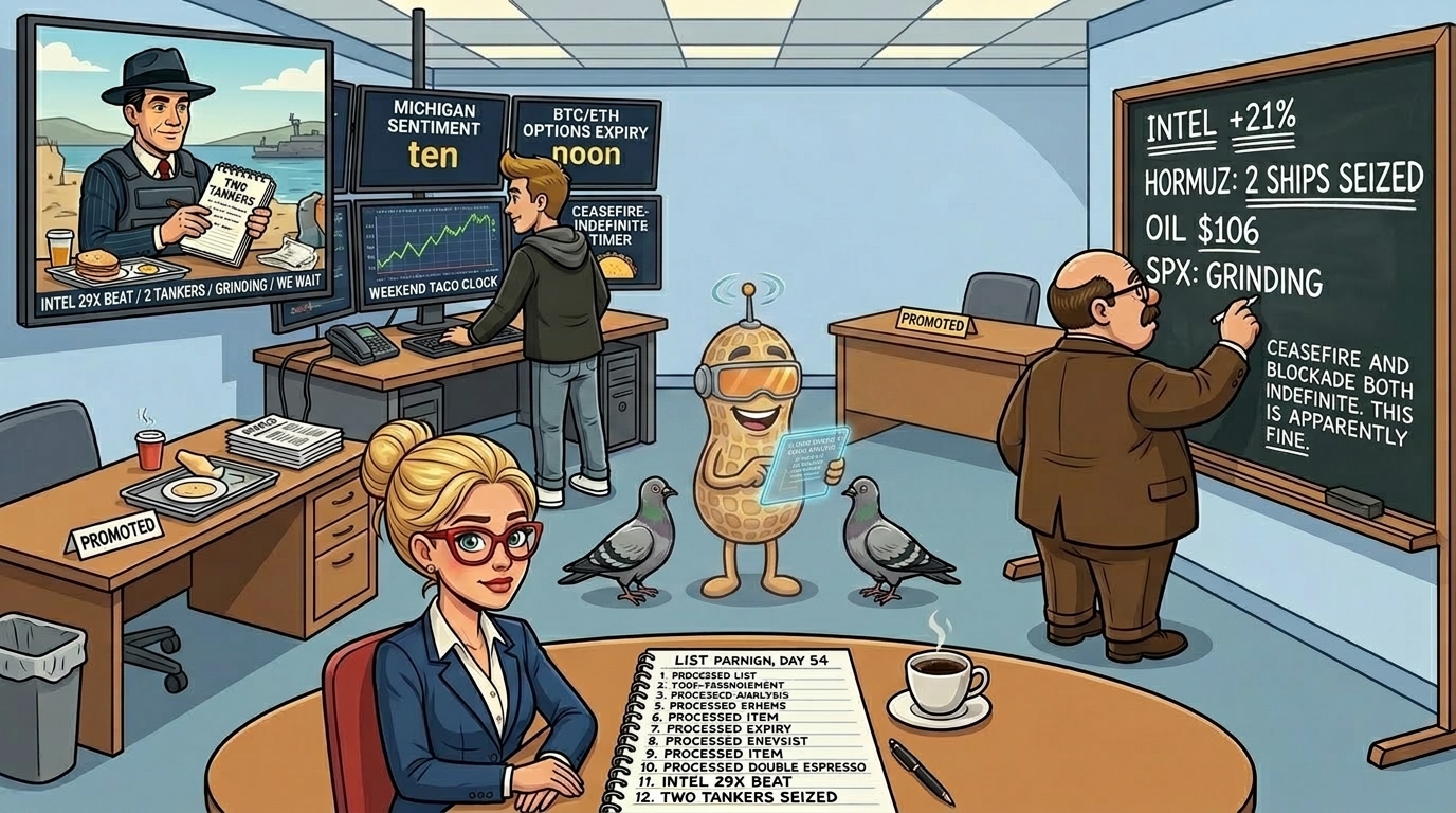 Financial Nuts newsroom Friday post-metamorphosis energy with empty Cachè-AI terminal corner marked PROMOTED sign. Hazel with long list of things tape has processed without reacting adding INTEL 29X BEAT and TWO TANKERS SEIZED in today's handwriting on day 54 with guarded fraction of smile, Wallie with INTEL +21% three underlines HORMUZ 2 SHIPS SEIZED two underlines OIL $106 one underline SPX GRINDING no underlines and CEASEFIRE AND BLOCKADE BOTH INDEFINITE THIS IS APPARENTLY FINE without irony underline, Kash standing with four timers including Michigan sentiment BTC/ETH options expiry weekend TACO and maintained ceasefire-indefinite timer and INTEL 29X BEAT 2 TANKERS GRINDING WE WAIT stream title, Mac on location with flak jacket and TWO TANKERS notebook declined to share on air and breakfast downgraded from improving to adequate, Percy in centre of room with amber visor spinning antenna holographic tablet showing 14-page Post-ATH Grind Analysis with Appendix C dictionary of non-words and three press-pigeons feeding supplementary data nodding at analytipation with high confidelity.