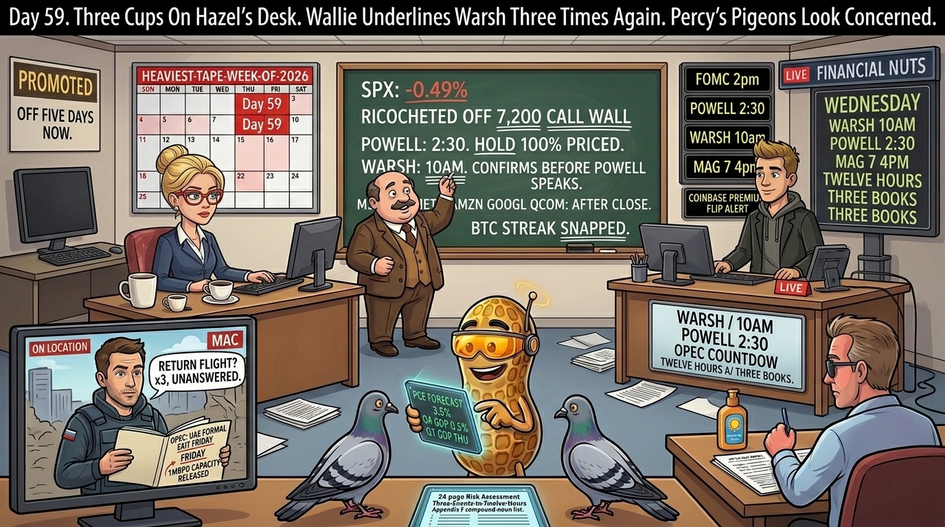 Financial Nuts newsroom Wednesday morning with Hazel at anchor desk on day 59 with three coffee cups, Wallie at chalkboard underlining Warsh three times, Kash standing with six timers, Mac on location with flak jacket, and Percy in NutBot mode with three pigeons staring at the tablet.