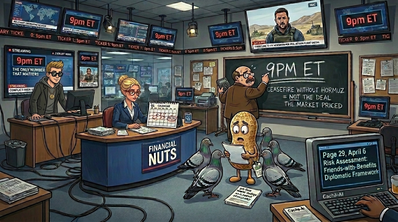 Financial Nuts newsroom 9pm countdown - Hazel with four-item Q2 calendar including 9pm tonight, Wallie with 9PM ET three underlines no question mark and ceasefire without Hormuz not the deal the market priced, Kash standing since March 17 with 9pm countdown and conflict-high viewer count, Mac on monitor from geographically relevant location requesting direct line for 9pm, Cachè-AI terminal with page 29 friends-with-benefits diplomatic framework, Percy with six-bird peer review team flagging interim nature of pre-9pm peanut oil findings.