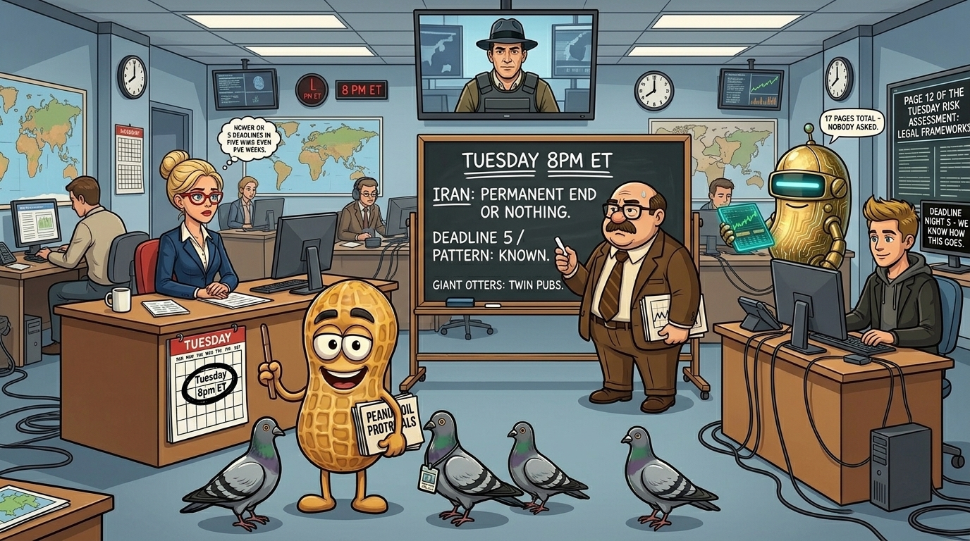 Financial Nuts newsroom deadline night five - Hazel with solid-ring circled calendar on composure day 40 thinking something about five deadlines, Wallie with chalkboard showing PATTERN KNOWN and GIANT OTTERS TWIN PUBS at the bottom spelled correctly as pubs with a man-who-made-a-choice expression, seated Kash with this-is-my-chair-now energy and WE KNOW HOW THIS GOES stream title, Mac on monitor very close to the answer with all 17 risk assessment pages read, Cachè-AI terminal with page 12 legal frameworks open, Percy with five-pigeon team celebrating 40-day neutrality record.