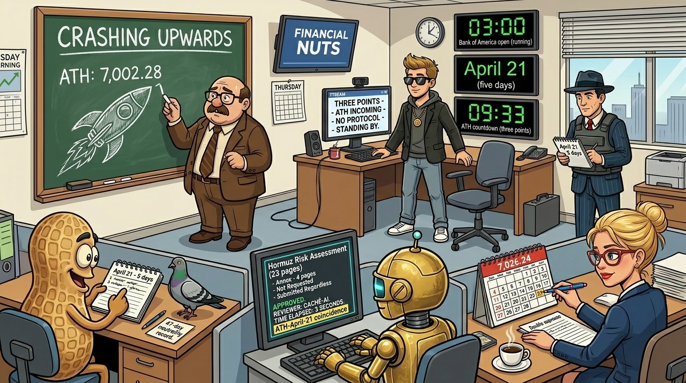 Financial Nuts newsroom Thursday three-points-from-ATH energy — Hazel with new colour pen unreleased and fraction-of-smile retrieved from storage on day 47, Wallie with CRASHING UPWARDS and chalk raised over wrong ATH number 7,002.28 deciding if rocket compensates for factual inaccuracy, Kash standing watching three timers with no ATH protocol and STANDING BY stream title, Mac on location with five-days April 21 notebook and no return flight answer, Cachè-AI terminal showing 23-page report with unsolicited 4-page annex approved by itself in three seconds, Percy reviewing three press-pigeon entries with 47-day neutrality record in margin not highlighted.
