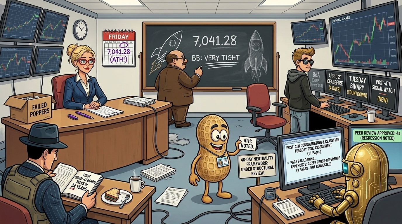 Financial Nuts newsroom Friday ATH-achieved-now-what energy — Hazel with new colour capped and set down and 7,041.28 on calendar and fraction of smile emerged from storage on day 48 not commenting on failed poppers, Wallie with corrected 7,041.28 and undisturbed rocket and pencil second rocket not yet inked and BB VERY TIGHT three instant underlines, Kash standing with four timers including greyed-out Bank of America and ceasefire Tuesday and post-ATH signal watch stream title ATH IN BB TIGHT TUESDAY STILL STANDING, Mac with FIRST ISRAEL-LEBANON TALKS IN 34 YEARS notebook with 34 underlined and flak jacket on, Cachè-AI with 11-page assessment page 9 loading and Gozer Appendix B not requested and four-second approval regression noted, Percy with ATH NOTED formal press card and 48-day neutrality framework under structural review not yet concluded.