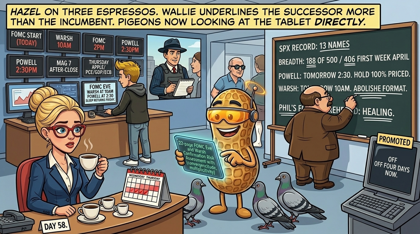 Financial Nuts newsroom Tuesday morning with Hazel at anchor desk on day 58 with three coffee cups in descending order, Wallie underlining Warsh more than Powell on the chalkboard, Kash standing with six timers, Mac on location with flak jacket, Percy in NutBot mode with three pigeons looking directly at the tablet, and Phil at the back in sunglasses indoors with a healing forehead.