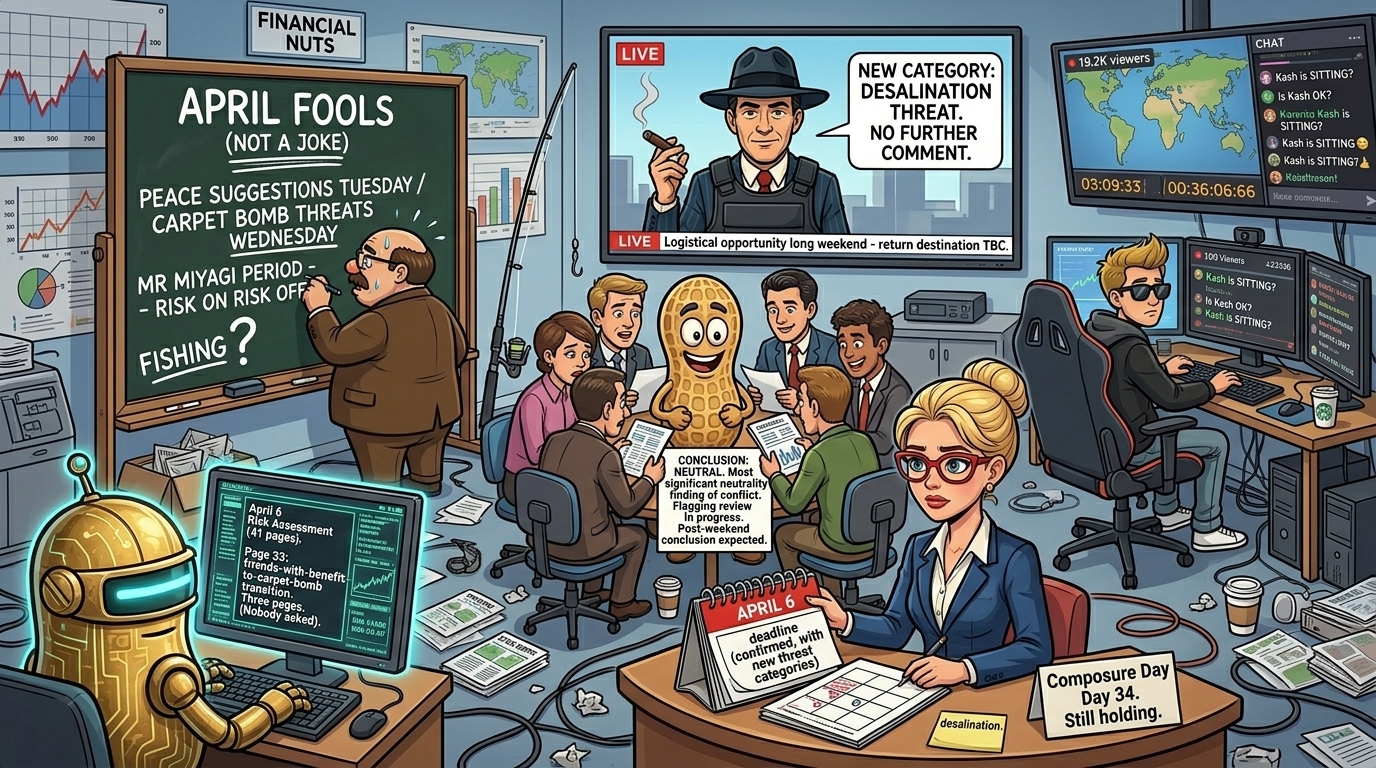 Financial Nuts newsroom - Hazel with escalation new desalination calendar entry day 34, Wallie with APRIL FOOLS NOT A JOKE chalkboard including Mr Miyagi period and FISHING? in corner, Kash sitting down for first time since March 17 with faraway expression and chat asking if he is OK, Mac on monitor from closer than advisable location noting desalination as new category, Cachè-AI terminal with page 33 friends-with-benefits transition, Percy with emergency desalination neutrality peer review in progress, fishing rod of unknown origin leaning against wall.