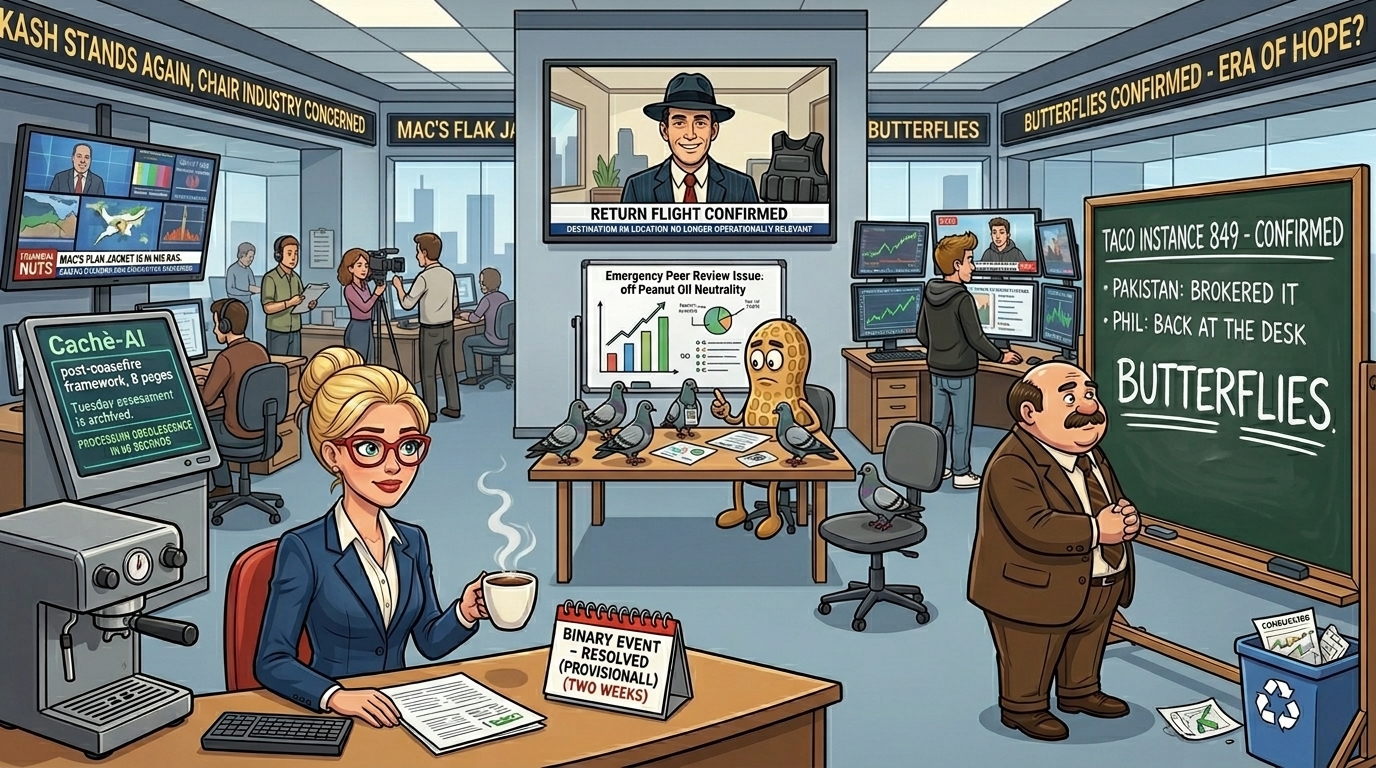 Financial Nuts newsroom ceasefire morning - Hazel with fraction of a smile holding celebratory coffee and RESOLVED PROVISIONALLY calendar, Wallie with TACO 849 CONFIRMED and PAKISTAN BROKERED IT and PHIL BACK AT DESK and BUTTERFLIES in largest letters three underlines zero question marks, Kash standing again at 8:01pm-equivalent energy with conflict-high viewer count, Mac on monitor smiling with flak jacket visibly in bag and confirmed return flight, Cachè-AI terminal processing the experience of 60-second obsolescence, Percy with six-pigeon peer review on whether neutrality is still appropriate.