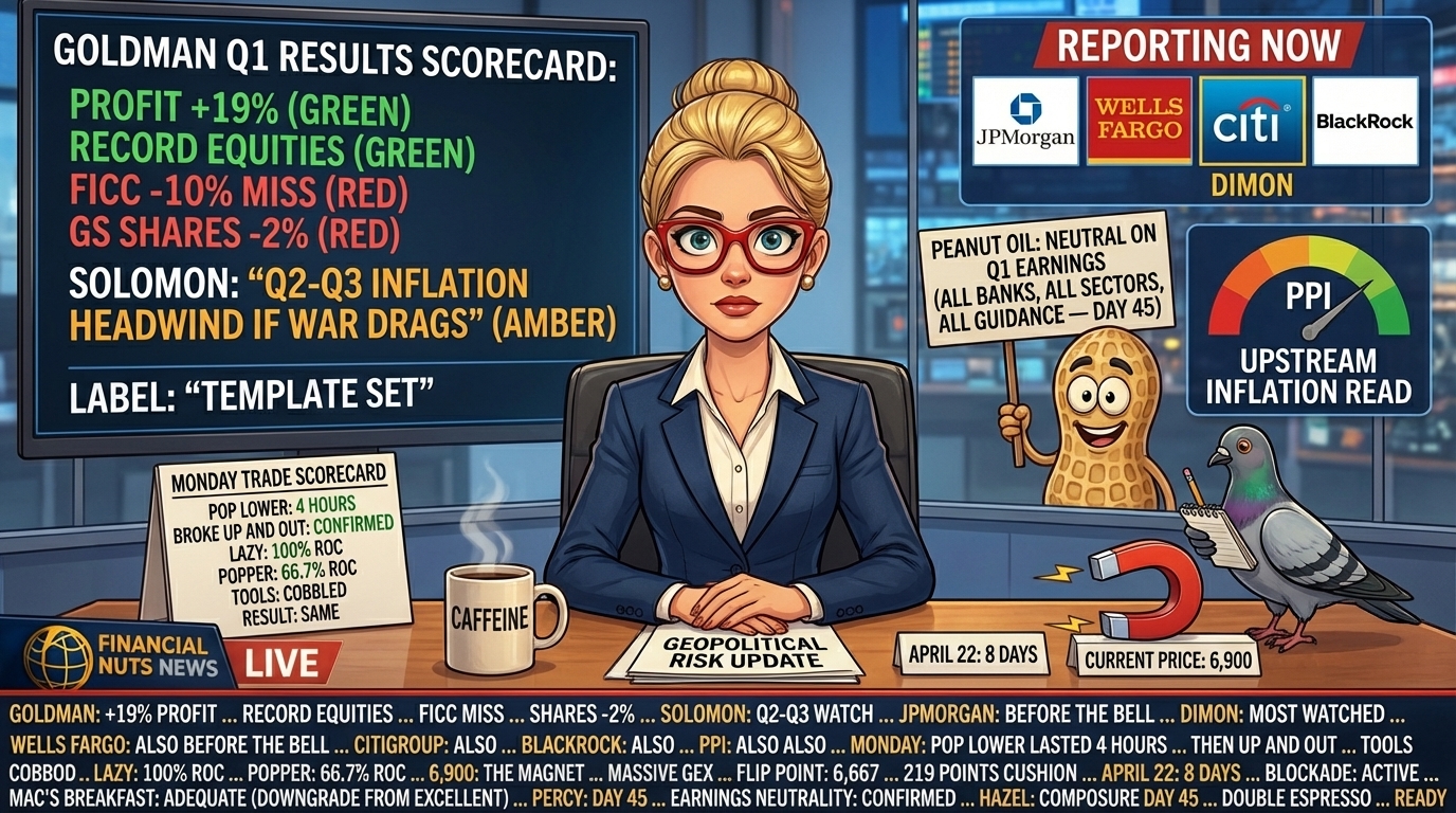Hazel at news desk with Goldman Q1 scorecard showing mixed results and TEMPLATE SET label versus four-bank REPORTING NOW banner on split screen, oversized horseshoe magnet prop pointing at current price toward 6,900, Monday trade scorecard showing 100% and 66.7% with cobbled tools and same result, April 22 eight day countdown prop, full Tuesday earnings ticker including MAC'S BREAKFAST ADEQUATE DOWNGRADE FROM EXCELLENT and PERCY DAY 45 EARNINGS NEUTRALITY CONFIRMED, Percy at studio glass with press-pass pigeon opening notepad and writing something.
