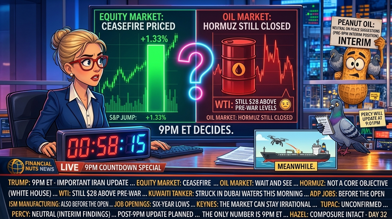 Hazel at news desk with split screen showing green equity ceasefire chart versus WTI still $28 above pre-war with pulsing neon question mark between them and 9PM ET DECIDES label, large 9pm countdown clock prop on desk, cartoon Kuwaiti tanker with approaching drone labelled Meanwhile, 9pm countdown news ticker including Keynes irrational quote and Tupac unconfirmed and Hazel composure intact day 32, Percy with interim peanut oil neutrality sign and press-pass pigeon with notepad.
