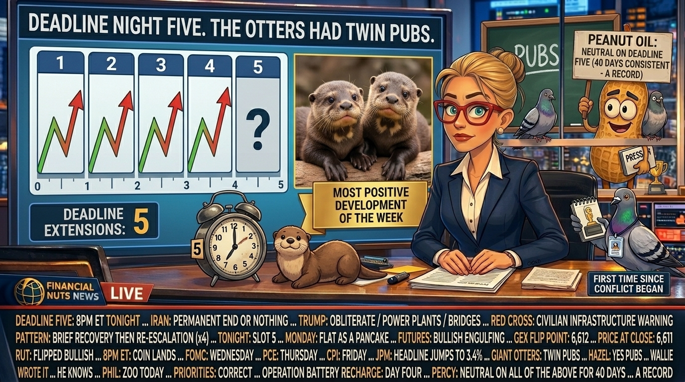 Hazel at news desk with split screen showing five-deadline timeline with four brief-recovery patterns and question mark in slot five plus warm otter pups photo labelled Most Positive Development Of The Week, worn 8pm ET clock prop with 5 sticker on side, plush otter that appeared overnight, full deadline-night ticker including GIANT OTTERS TWIN PUBS and WALLIE WROTE IT HE KNOWS and PRIORITIES CORRECT, Percy at studio glass with 40-day record sign and press-pass pigeon with small trophy prop.