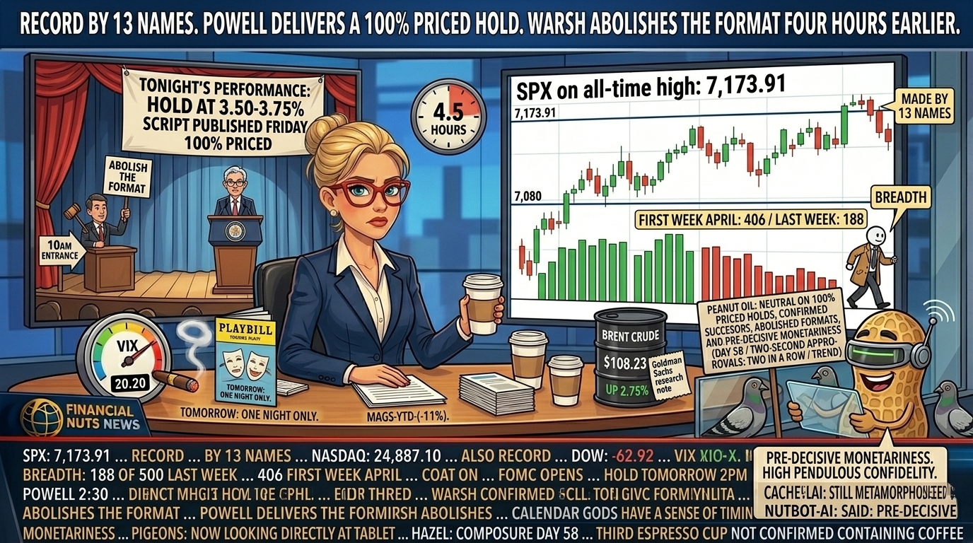 Hazel at the news desk Tuesday morning with a theatre-themed FOMC backdrop showing Powell at a podium and Warsh on a side stage four hours earlier, alongside a chart showing the SPX record made by 13 names and a breadth figure walking off frame. Percy in NutBot mode in the studio glass with three pigeons looking directly at the tablet.