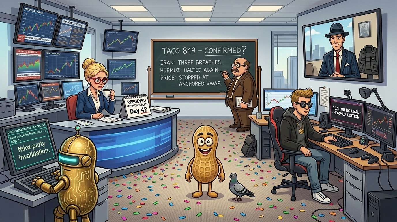 Financial Nuts newsroom Thursday morning with confetti still on floor — Hazel looking at PROVISIONALLY underlined on calendar on day 42 with espresso, Wallie looking at question mark on TACO 849 he wrote slowly and does not underline beside Iran three breaches and Hormuz halted again, Kash re-seated after breach headlines with Deal Or No Deal stream title, Mac on monitor with flak jacket accessible on chair and smaller smile, Cachè-AI terminal at page 11 third-party invalidation, Percy with press-pass pigeon YES vote in reserve and neutrality technically intact.