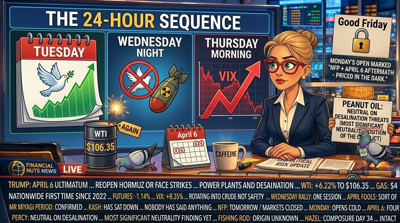 Hazel at news desk with three-panel split screen showing Tuesday peace dove and green chart, Wednesday night crossed-out dove with carpet bomb, Thursday red futures and rising VIX all under THE 24-HOUR SEQUENCE header, and Good Friday padlock with Monday opens cold panel, WTI barrel at $106.35 with sparkler and AGAIN label, knocked-over peace dove prop, April 6 circled four times, fishing rod of unknown origin on desk edge, long-weekend news ticker including Kash has sat down and nobody has said anything, Percy with most significant neutrality position sign and press-pass pigeon underlining in question.