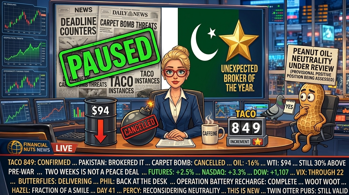 Financial Nuts newsroom ceasefire morning - Hazel with fraction of a smile holding celebratory coffee and RESOLVED PROVISIONALLY calendar, Wallie with TACO 849 CONFIRMED and PAKISTAN BROKERED IT and PHIL BACK AT DESK and BUTTERFLIES in largest letters three underlines zero question marks, Kash standing again at 8:01pm-equivalent energy with conflict-high viewer count, Mac on monitor smiling with flak jacket visibly in bag and confirmed return flight, Cachè-AI terminal processing the experience of 60-second obsolescence, Percy with six-pigeon peer review on whether neutrality is still appropriate.
