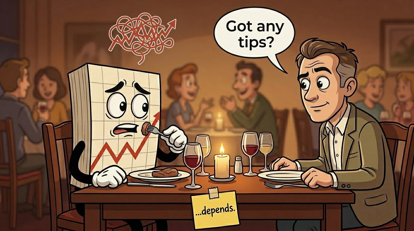 Mr SPX is sitting at a quiet dinner table, mid-bite, fork paused halfway to his mouth. Across from him, a curious dinner guest is leaning in with that classic raised-eyebrow look, asking the question. A speech bubble above the guest reads: "Got any tips?" Mr SPX has a slightly trapped expression, eyes wide, the universal face of someone who knows the honest answer is going to take a lot longer than the time between the starters and the mains. His red chart line is squiggling nervously above his head like a thought bubble trying to escape. His post it note is stuck to the edge of the table with a single word scrawled on it: "...depends." Warm dinner party lighting, wine glasses, soft background blur of other guests chatting. Cinematic, slightly comedic tone. Reference image style maintained throughout.