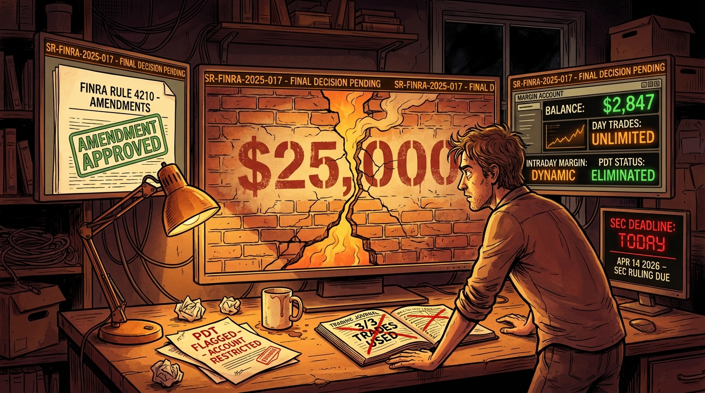Retail trader watches the $25,000 PDT wall crack open on SEC deadline day, April 14, 2026, monitors showing rule elimination and dynamic margin dashboard.