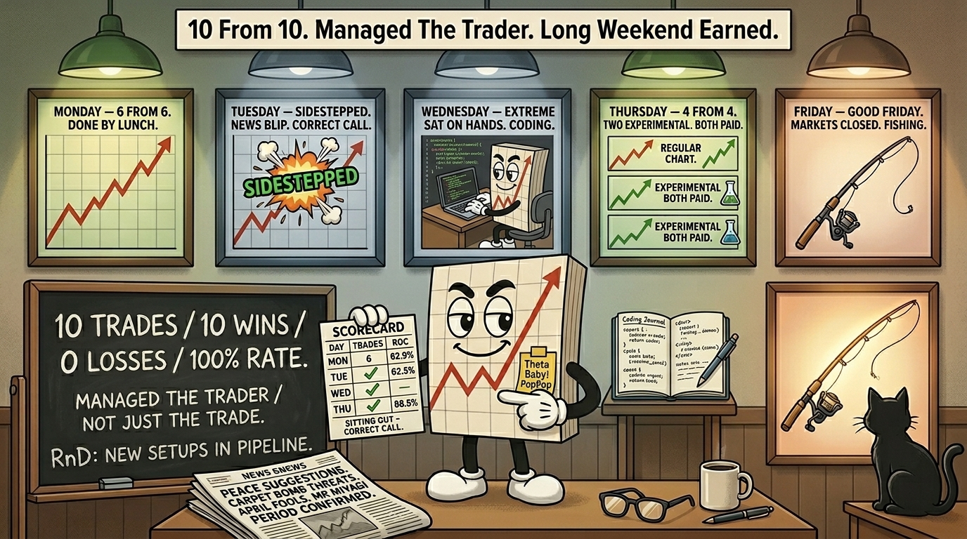 Mr SPX holding scorecard showing 62.9-88.5% ROC across five framed daily charts — Monday 6 from 6 done by lunch, Tuesday sidestepped with news blip explosion, Wednesday extreme MACD-v with coding laptop visible, Thursday 4 from 4 including two experimental flask-labelled entries, Friday fishing rod — chalkboard reading 10 trades 10 wins 0 losses 100% win rate managed the trader not just the trade RnD new setups in pipeline, newspaper with week's chaos set to one side unread, black cat looking at Friday fishing rod.