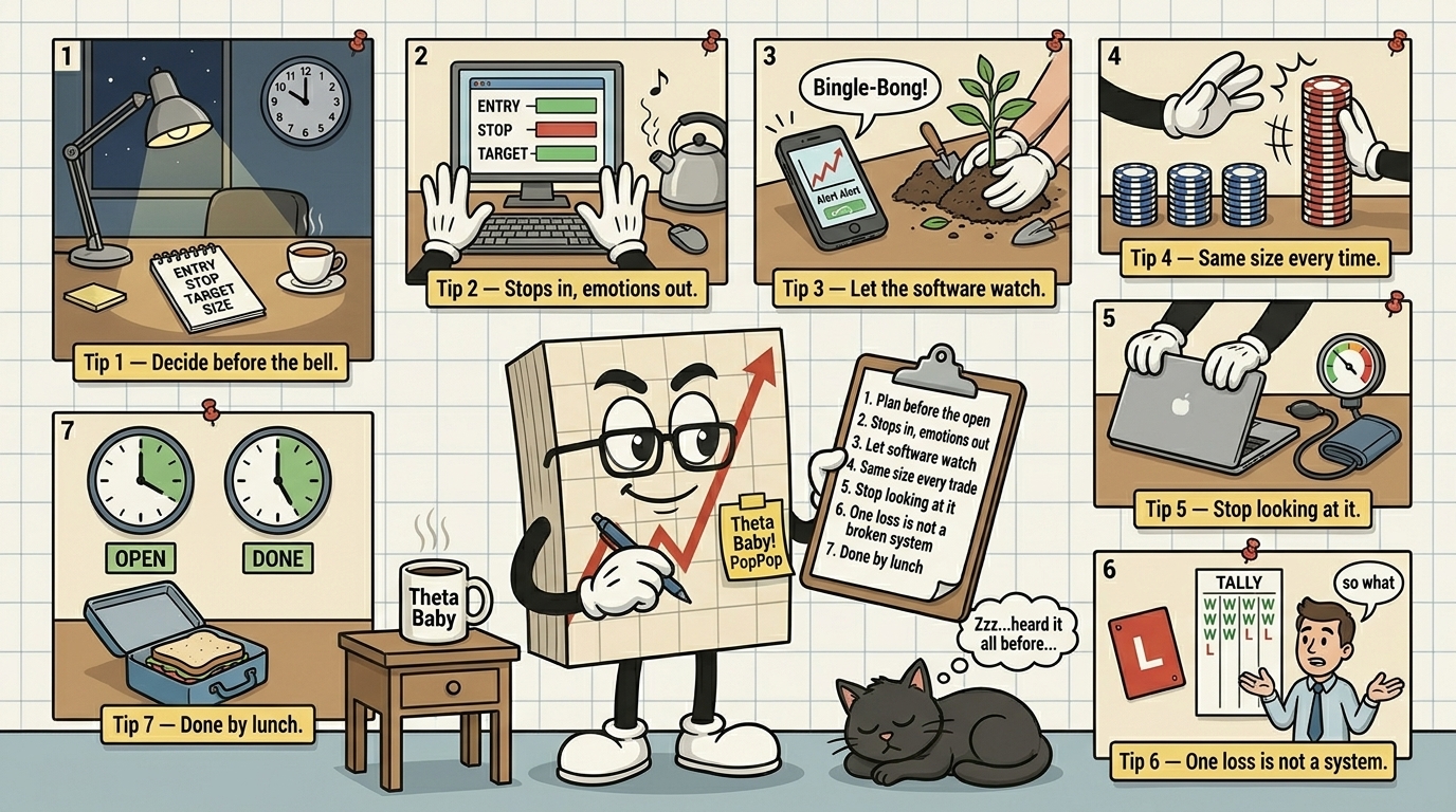 Mr SPX cartoon character holding a clipboard ticking off the seven day
trading tips, with his trademark red chart line, post-it note reading
'Theta Baby! PopPop', and a black cat sleeping on the floor beside him.