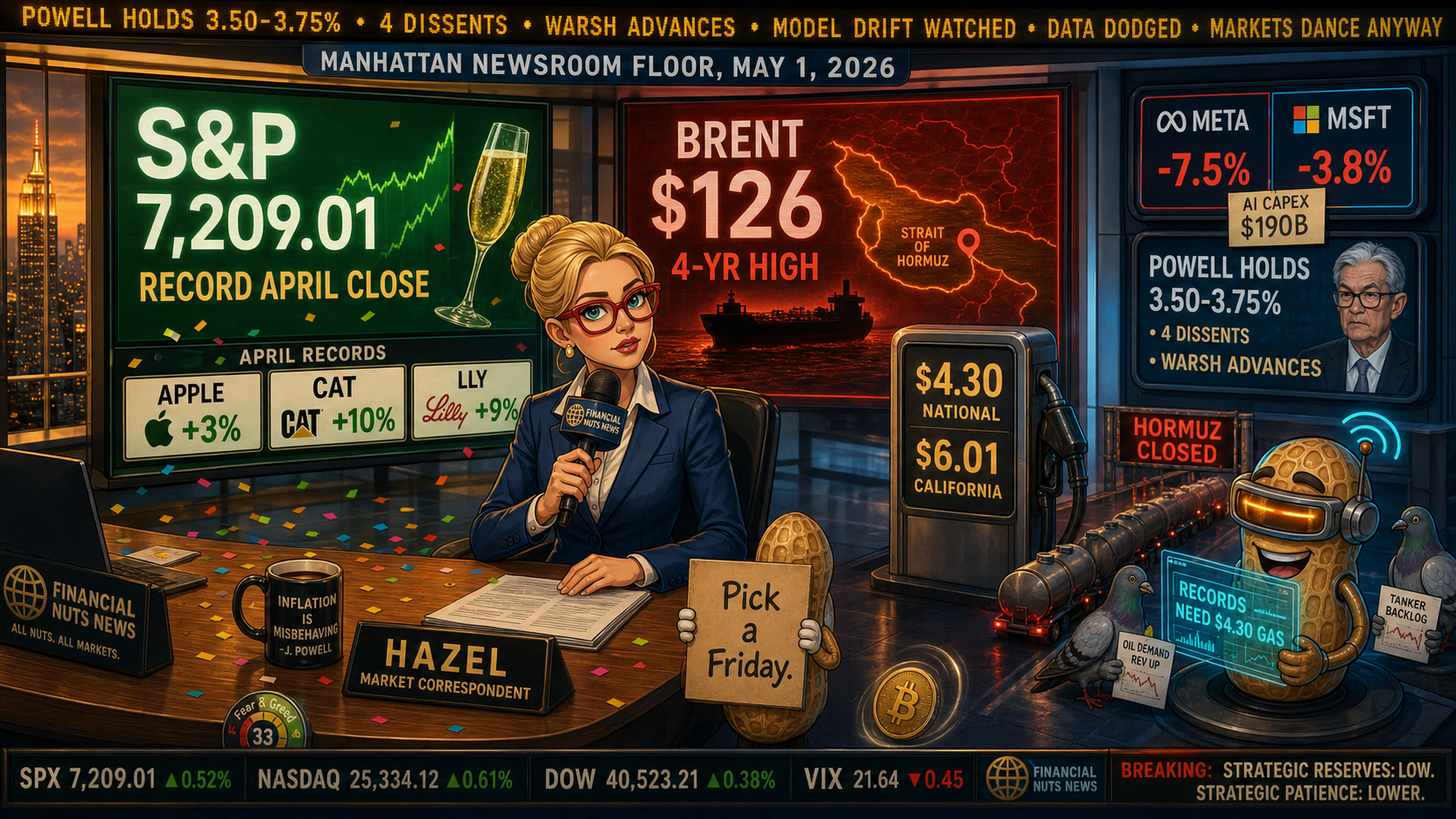 Newsroom split-screen, S&P record close green left, Brent four-year high red right, gas pump $4.30, Powell ticker scrolling overhead.