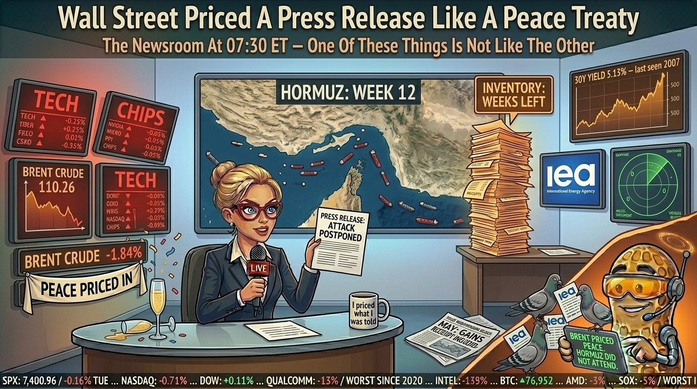 Hazel holds a press release; a wall-screen behind her shows Hormuz still blocked. Percy NutBot reads inventory data in amber visor.
