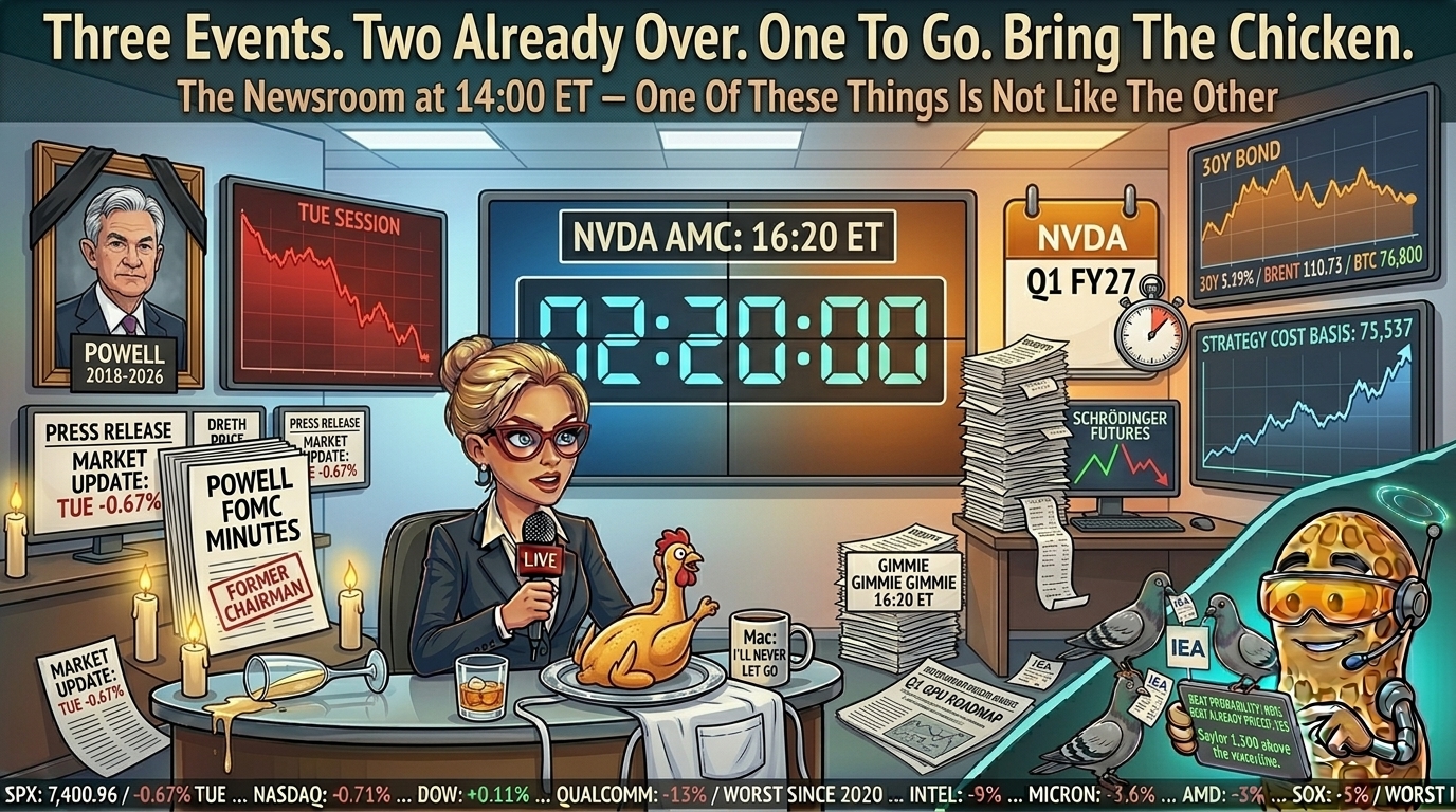 FinNuts newsroom at 14:00 ET. Hazel reports beside a small ceremonial altar with rubber chicken while NVDA earnings countdown glows amber and Powell portrait sits draped in black.