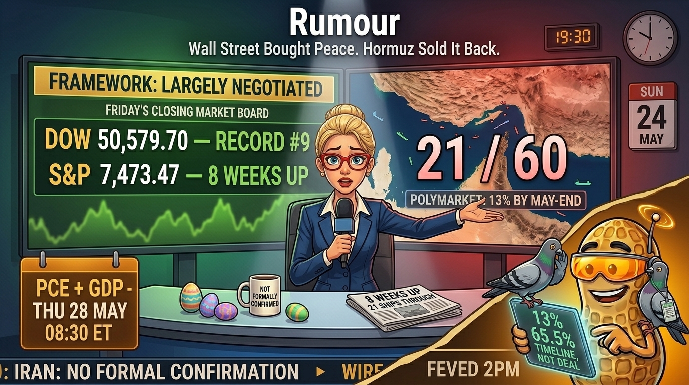 Newsroom split screen. Left: Dow record close. Right: Hormuz 21 of 60. Hazel at the desk, NutBot in the corner with amber visor.