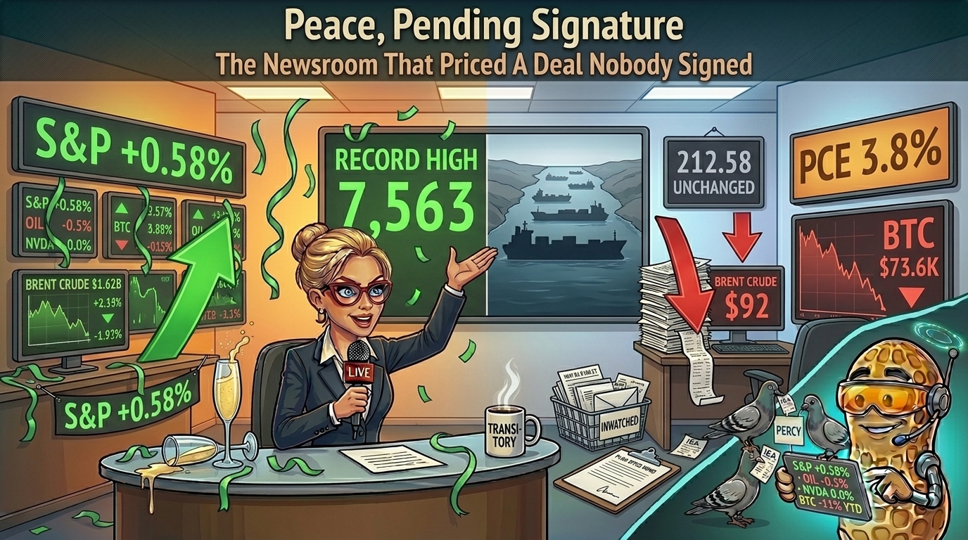 Newsroom celebrates a green record board while ignored screens flag flat chips, falling oil and a hot inflation tag.