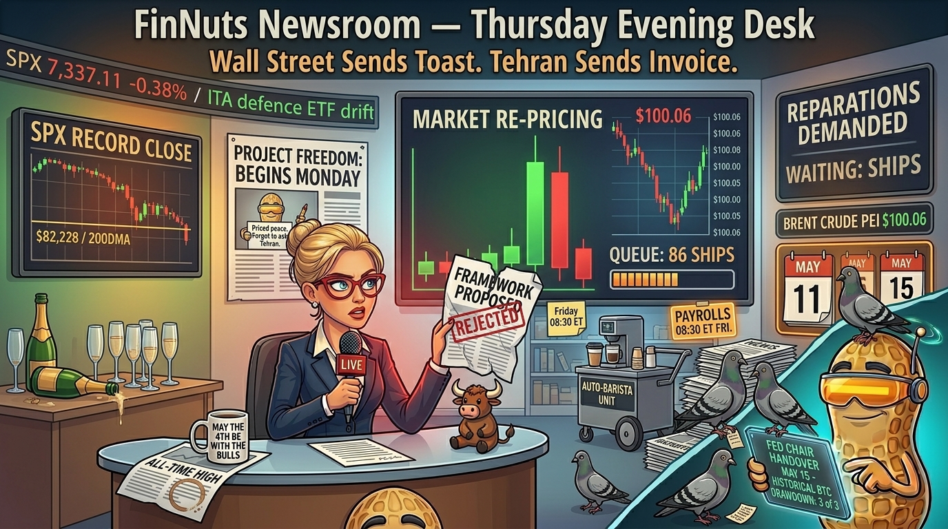 Hazel anchors a FinNuts newsroom segment as a record close gets repriced by an Iranian rejection while Friday payrolls loom.