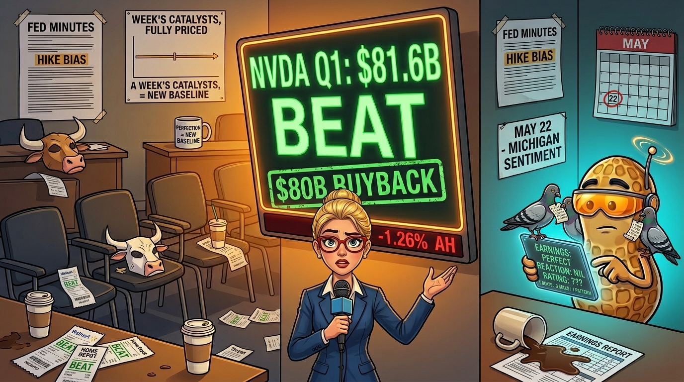 Hazel reports to camera in front of a glowing Nvidia earnings scoreboard, with an empty trading floor and Percy NutBot in the corner.