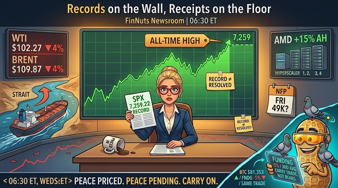 Hazel anchors at FinNuts newsroom desk, record SPX wall behind, tanker turns back on side-screen, Percy NutBot amber visor in corner.
