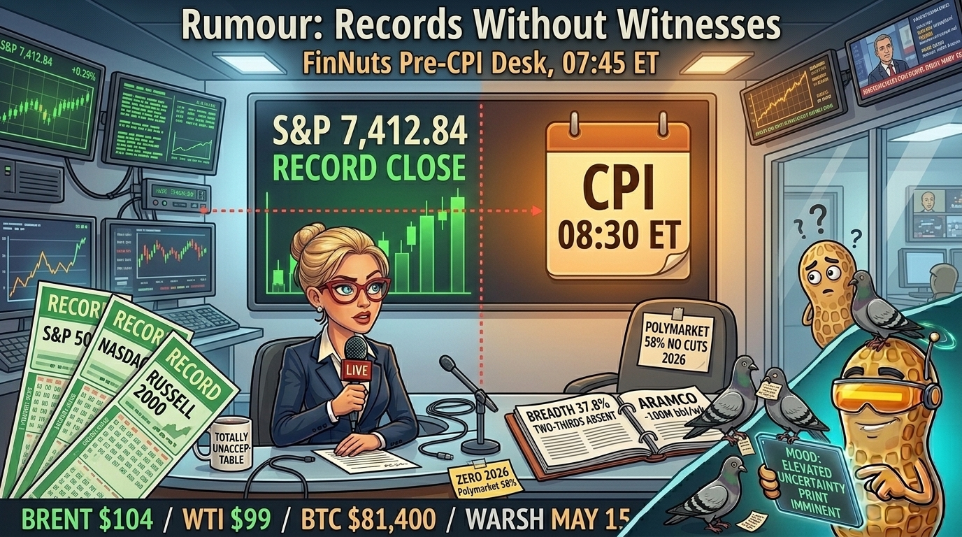 Hazel anchors the FinNuts desk pre-CPI; record-close green screen meets amber 8:30 calendar tag.