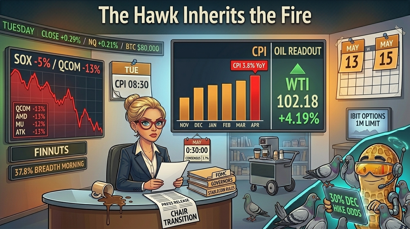 A newsroom anchor at her desk in front of a three-panel screen showing chips down, oil up, and CPI hot, with NutBot in the corner.
