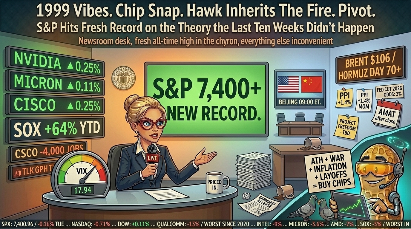 Newsroom desk with giant green ATH chyron; amber crude and inflation panels right; NutBot in corner with amber visor and pigeons.