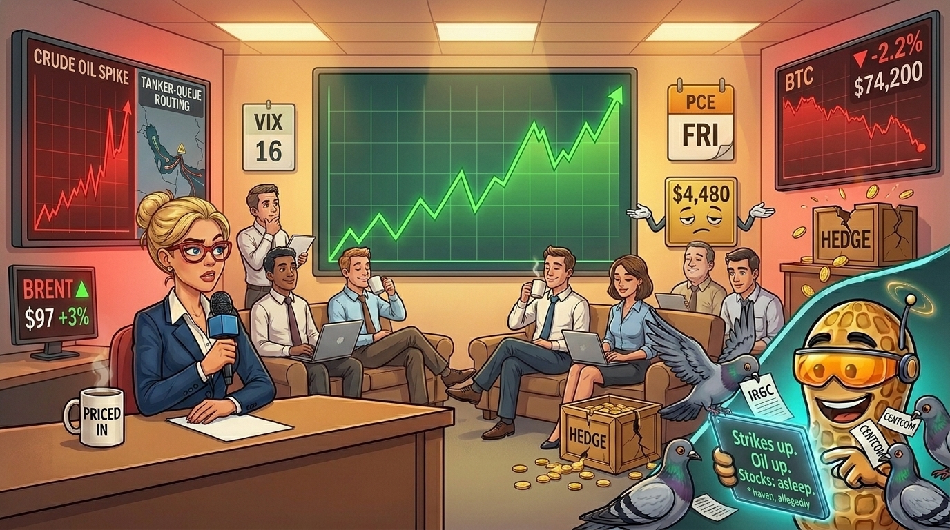 A calm newsroom watches a flat equity line whilst red oil and bitcoin charts blare ignored on the side.
