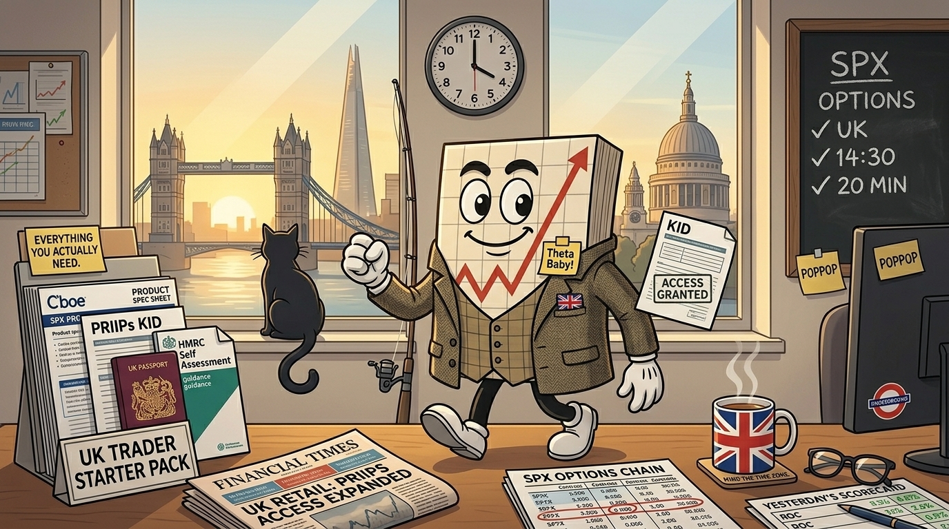 Mr SPX at desk welcoming UK traders with London skyline window behind him, holding a stamped PRIIPs KID, Union Jack tea mug and pocket square, UK trader starter pack on desk, black cat on windowsill admiring the skyline, wall clock 14:30.
