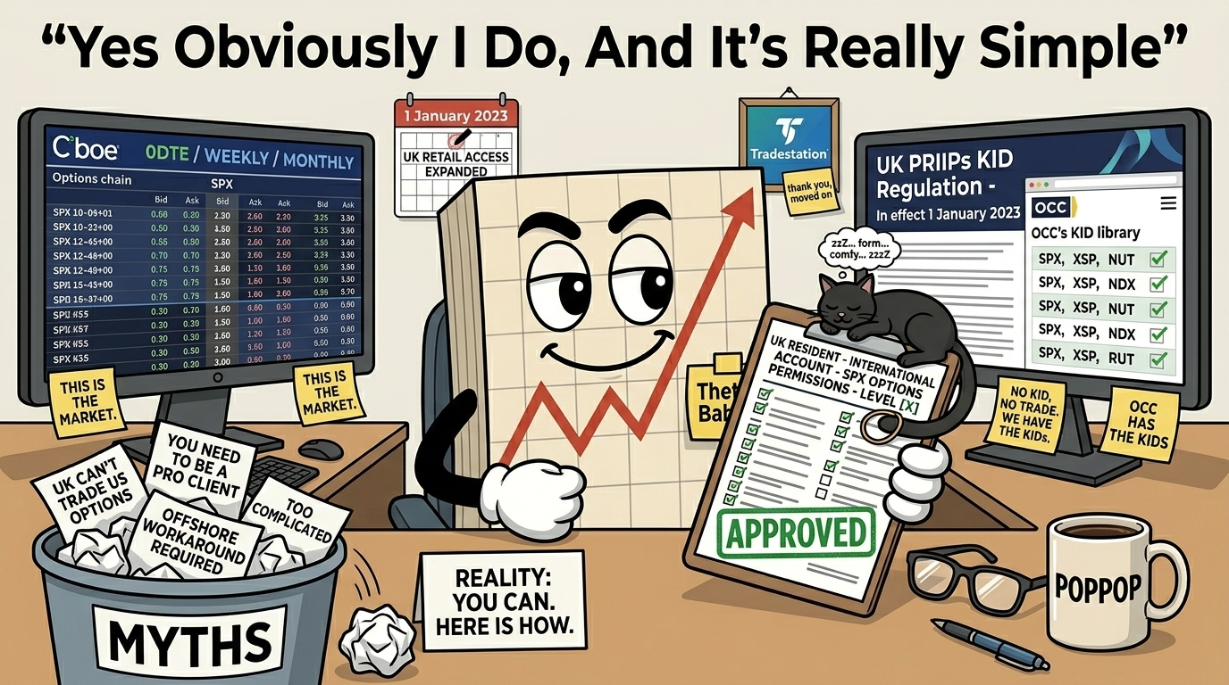 Mr SPX showing approved UK broker application with SPX options permissions stamped APPROVED, Cboe SPX options chain on left monitor and OCC PRIIPs KID library on right monitor, MYTHS bin overflowing beside a clean REALITY card, black cat asleep on the application form.