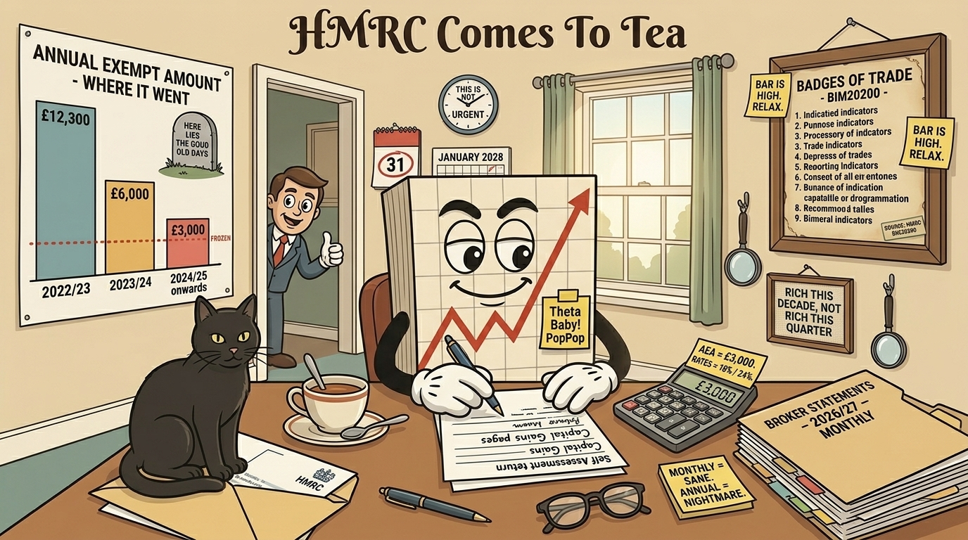 Mr SPX calmly completing UK Self Assessment Capital Gains return with calculator showing £3,000 AEA, AEA decline timeline poster on left wall £12,300 to £6,000 to £3,000, badges of trade BIM20200 framed on right wall, monthly broker statements folder open, black cat sitting on the HMRC envelope.