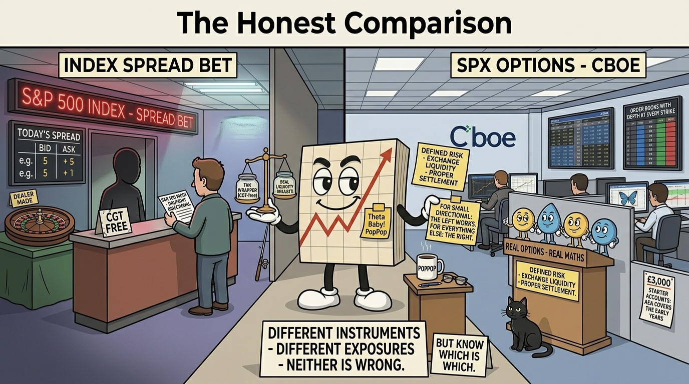 Mr SPX in the middle holding a balance scale comparing UK index spread bet kiosk on left with dealer-made dim casino lighting to clean professional Cboe SPX options exchange on right with Greeks at podium, scale tipping towards SPX options at size, black cat under the Greeks podium having chosen its side.