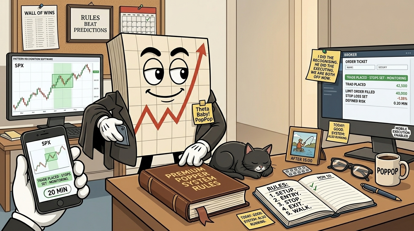 Mr SPX mid-step leaving his office, one hand on closed leather-bound Premium Popper System Rules book, other hand sliding phone into jacket pocket showing TRADE PLACED STOPS SET MONITORING alert, left monitor showing pattern recognition with setup highlighted, right monitor showing filled broker order with defined risk, open notebook listing five rules each ticked, small medication strip discreetly present beside the notebook, black cat asleep on the closed rule book.
